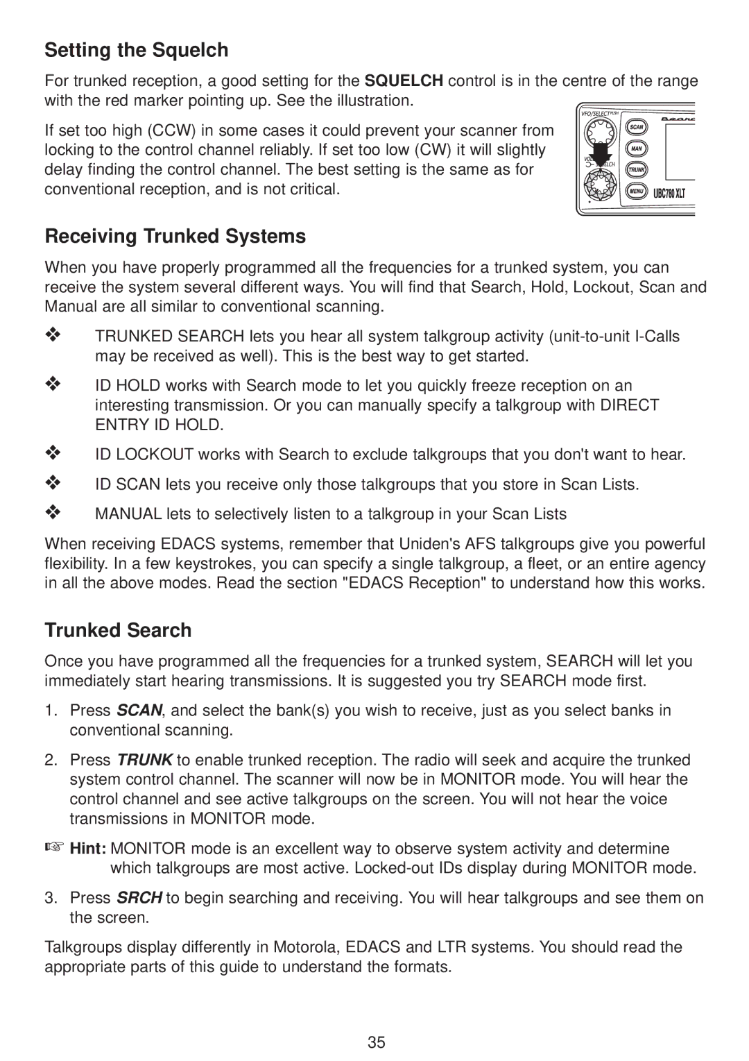 Uniden UBC780XLT manual Receiving Trunked Systems, Trunked Search 