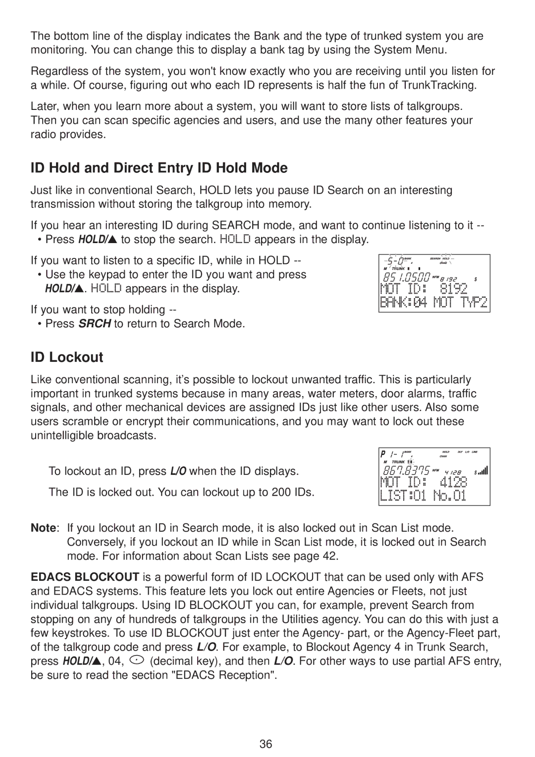 Uniden UBC780XLT manual ID Hold and Direct Entry ID Hold Mode, ID Lockout 