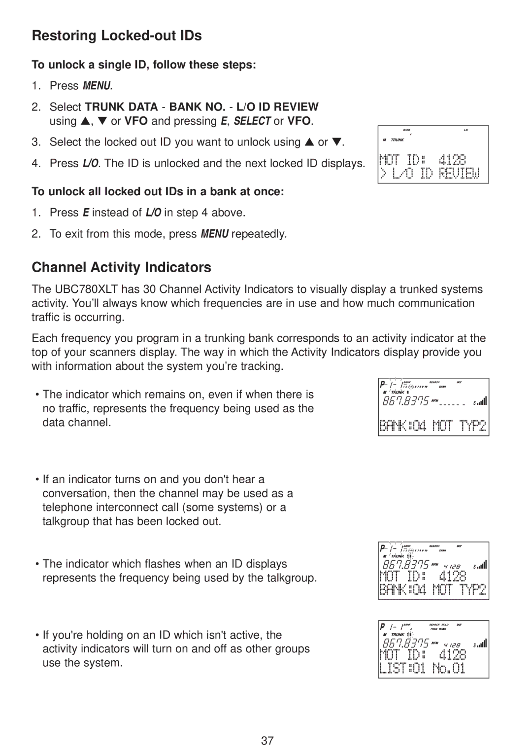 Uniden UBC780XLT manual Restoring Locked-out IDs, Channel Activity Indicators, To unlock a single ID, follow these steps 