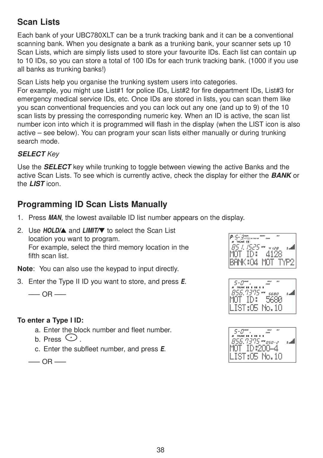 Uniden UBC780XLT manual Programming ID Scan Lists Manually, To enter a Type I ID 