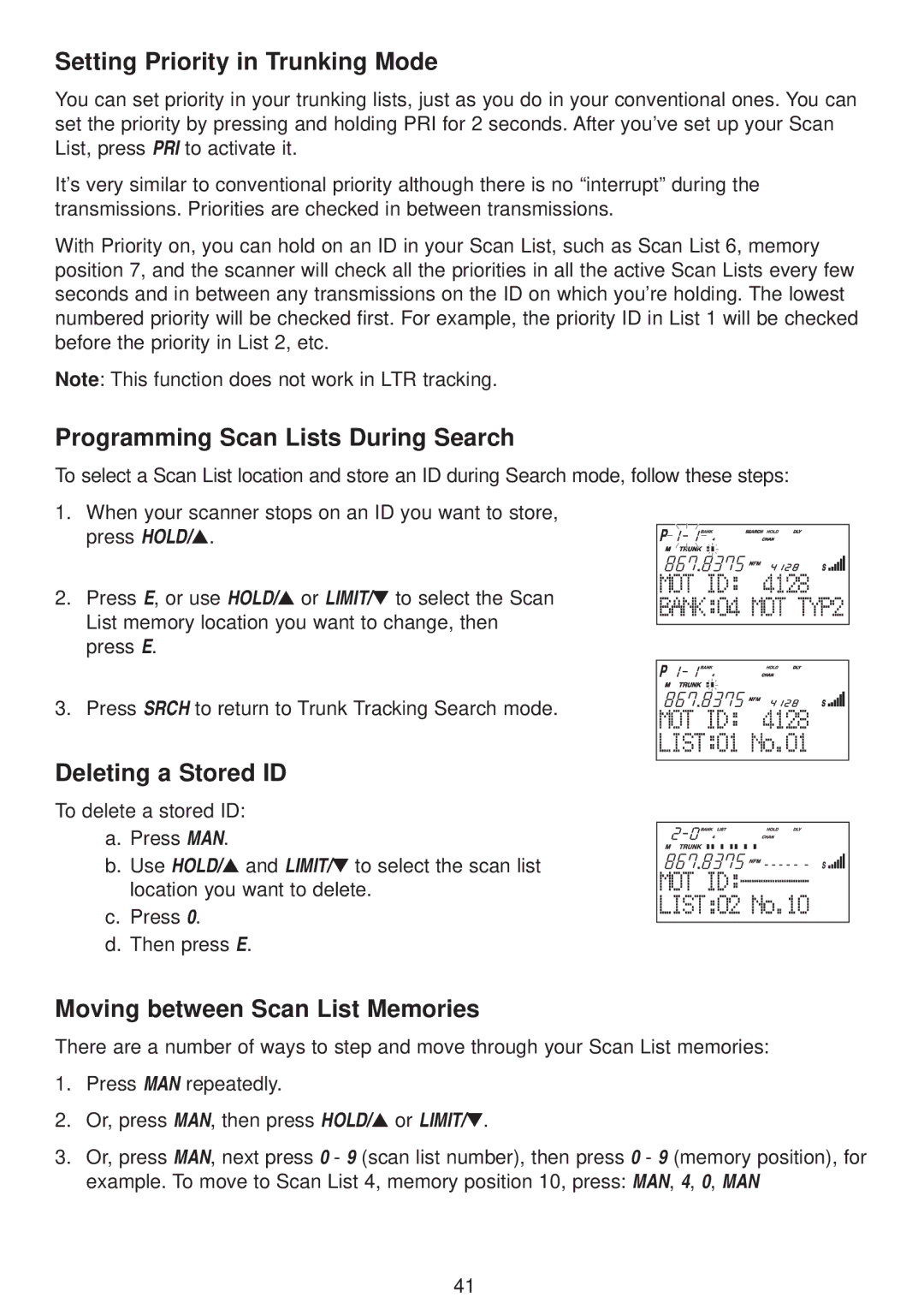 Uniden UBC780XLT manual Setting Priority in Trunking Mode, Programming Scan Lists During Search, Deleting a Stored ID 