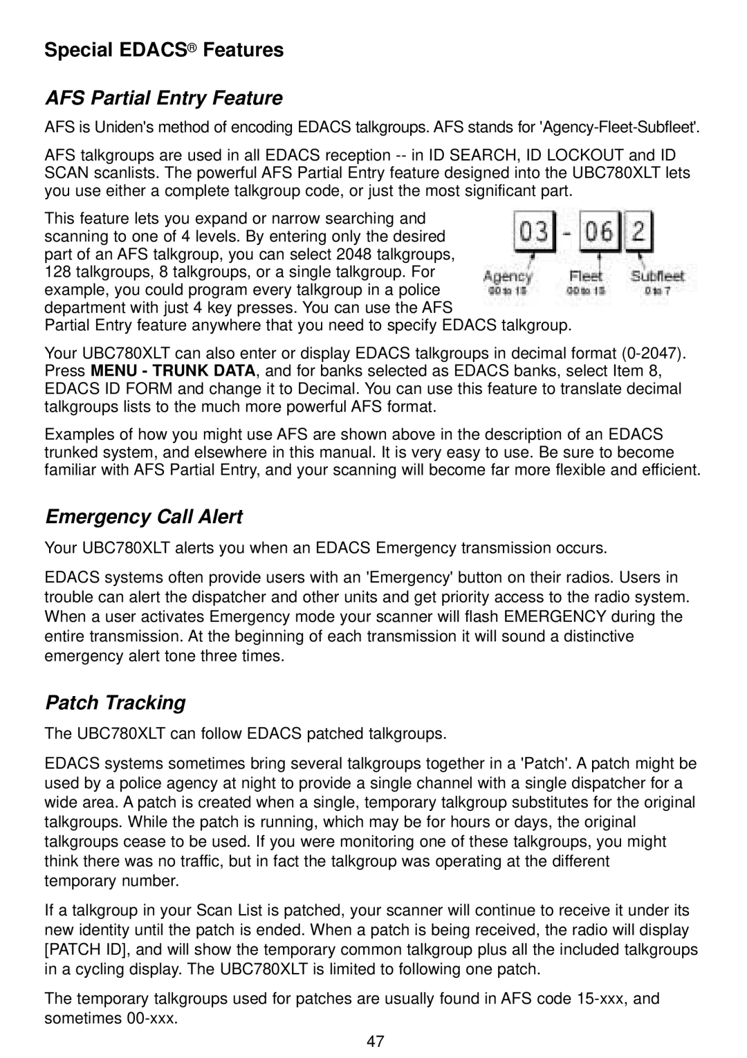 Uniden UBC780XLT manual Special Edacs Features, AFS Partial Entry Feature 