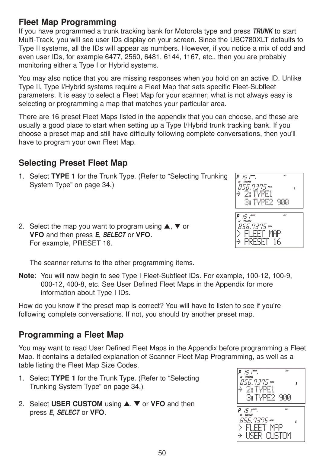 Uniden UBC780XLT manual Fleet Map Programming, Selecting Preset Fleet Map, Programming a Fleet Map 