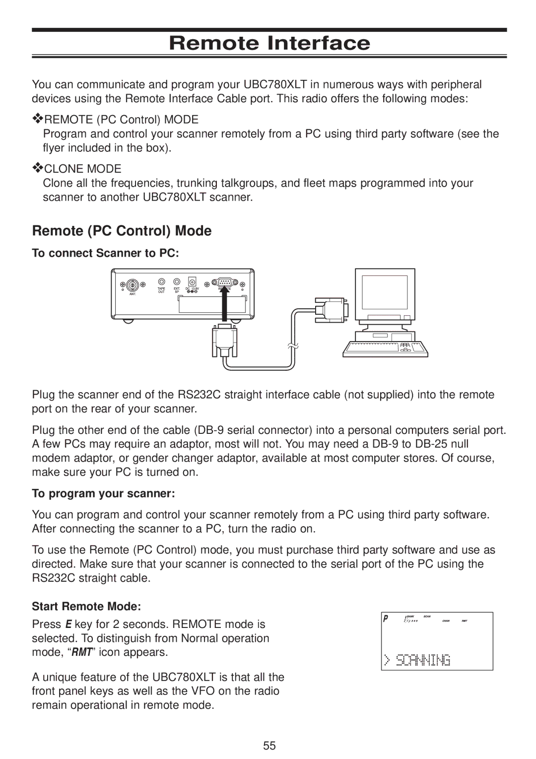 Uniden UBC780XLT manual Remote Interface, Remote PC Control Mode, To connect Scanner to PC, To program your scanner 