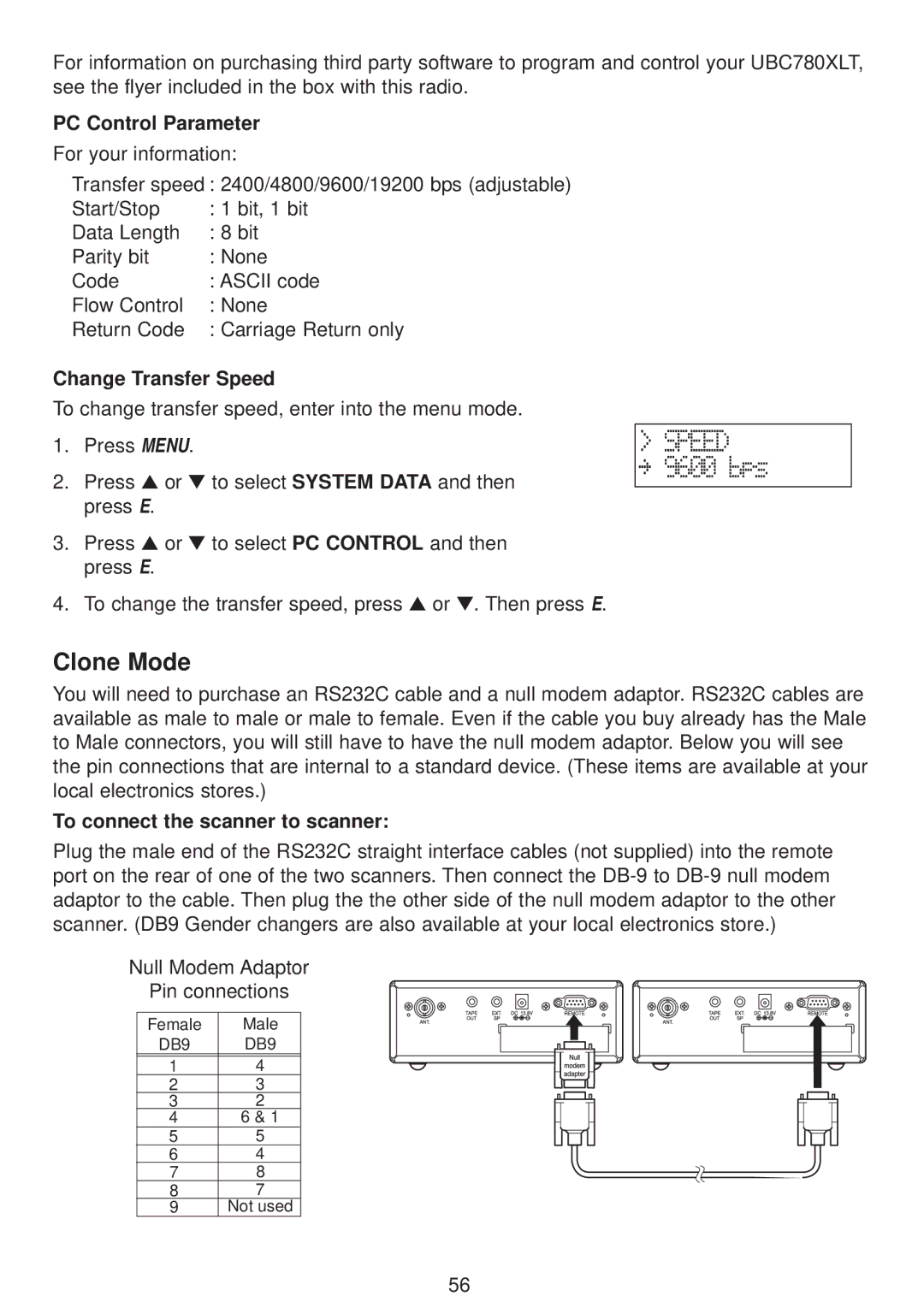 Uniden UBC780XLT manual Clone Mode, PC Control Parameter, Change Transfer Speed, To connect the scanner to scanner 