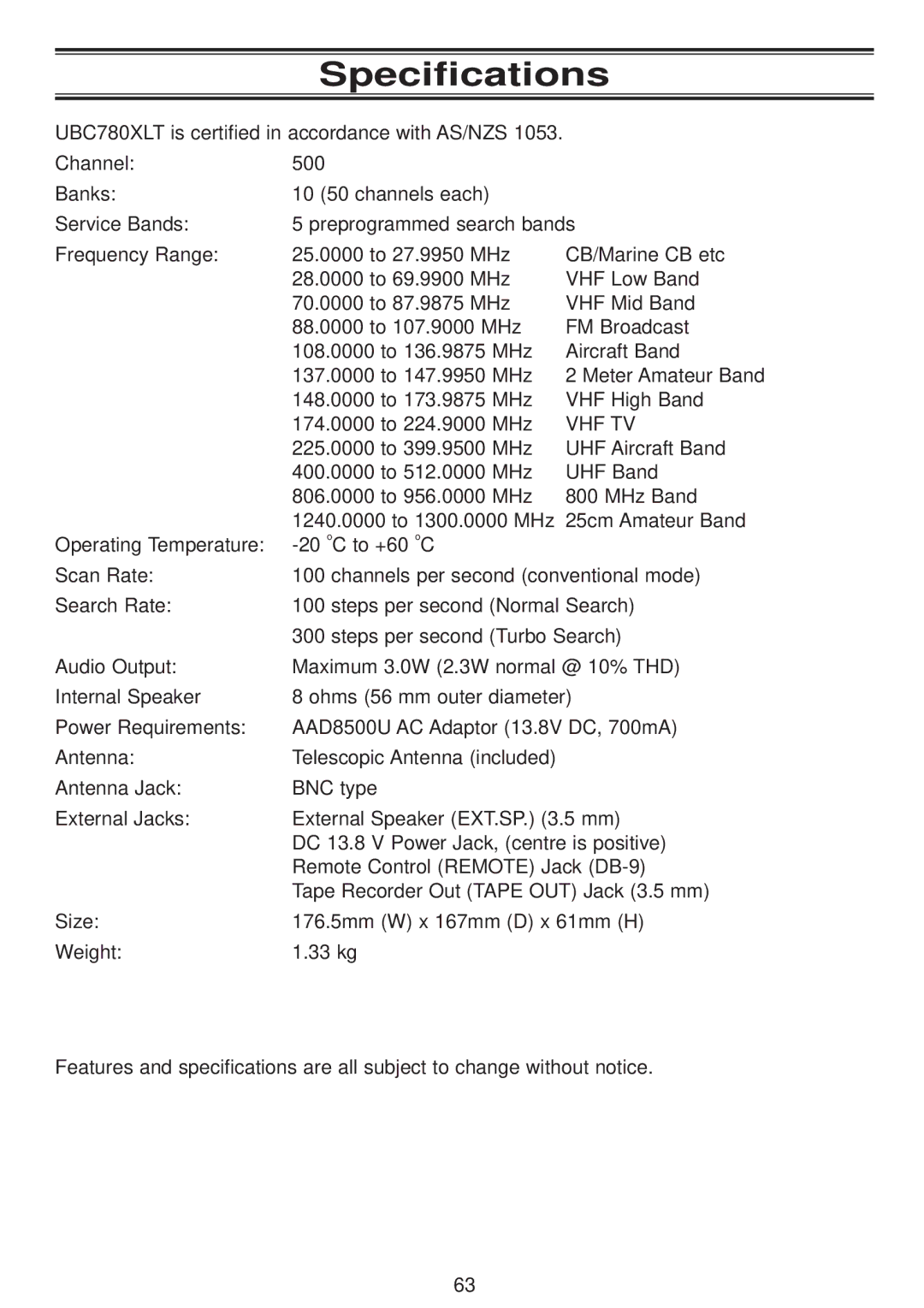 Uniden UBC780XLT manual Specifications, Vhf Tv 