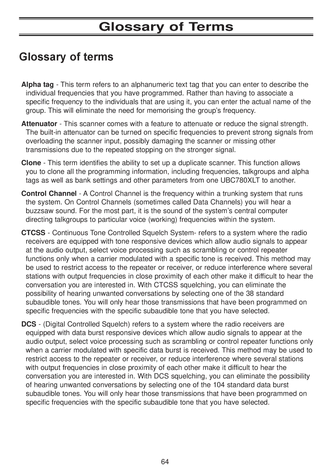 Uniden UBC780XLT manual Glossary of Terms, Glossary of terms 