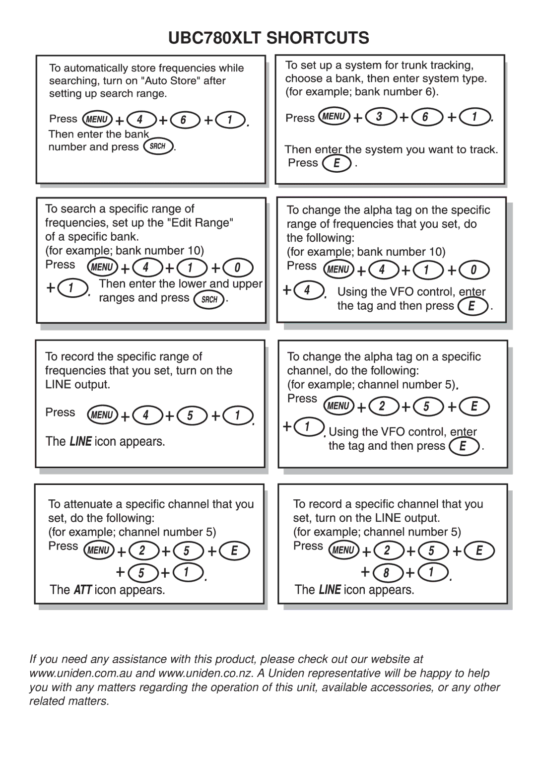 Uniden manual UBC780XLT Shortcuts 