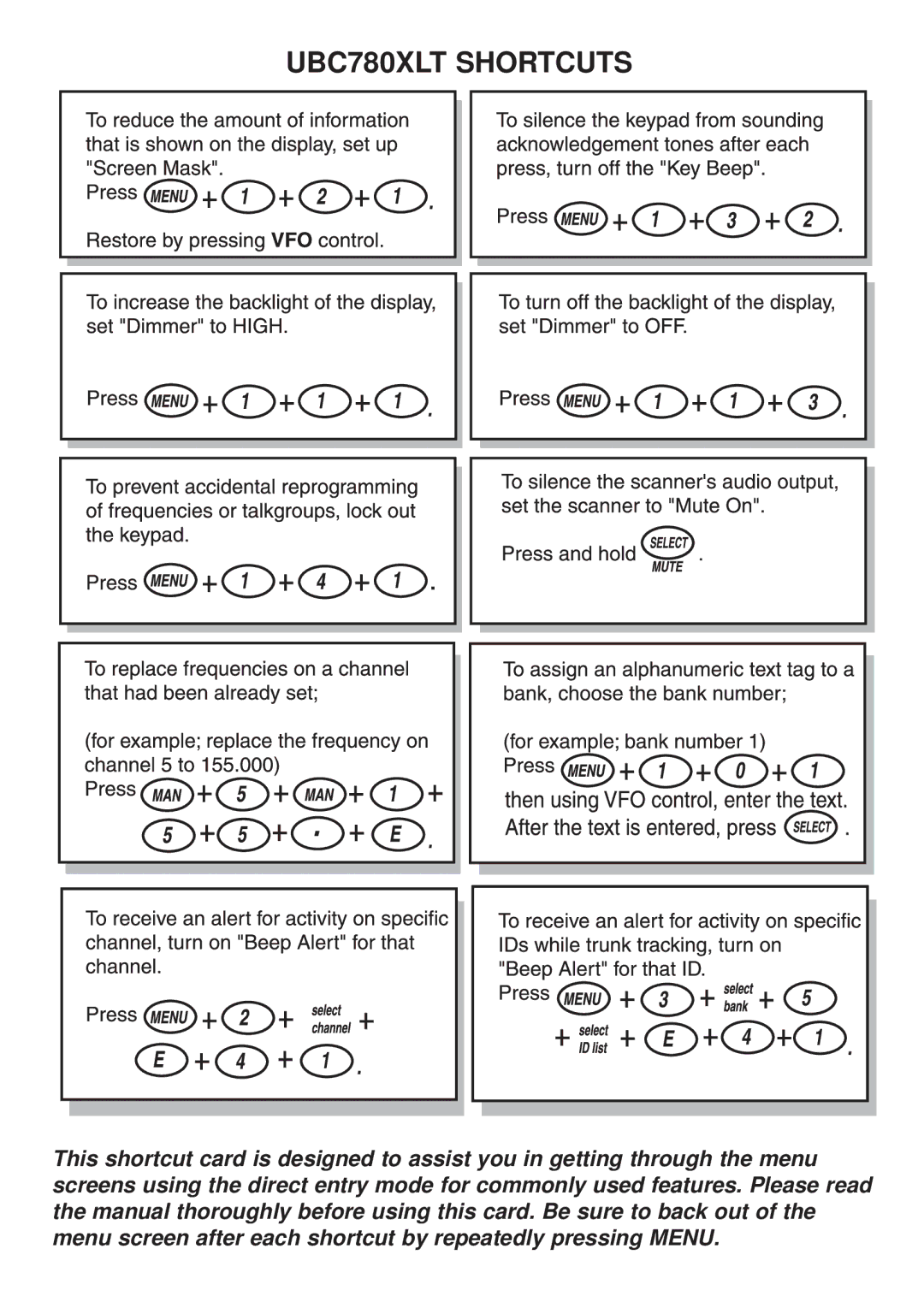 Uniden manual UBC780XLT Shortcuts 
