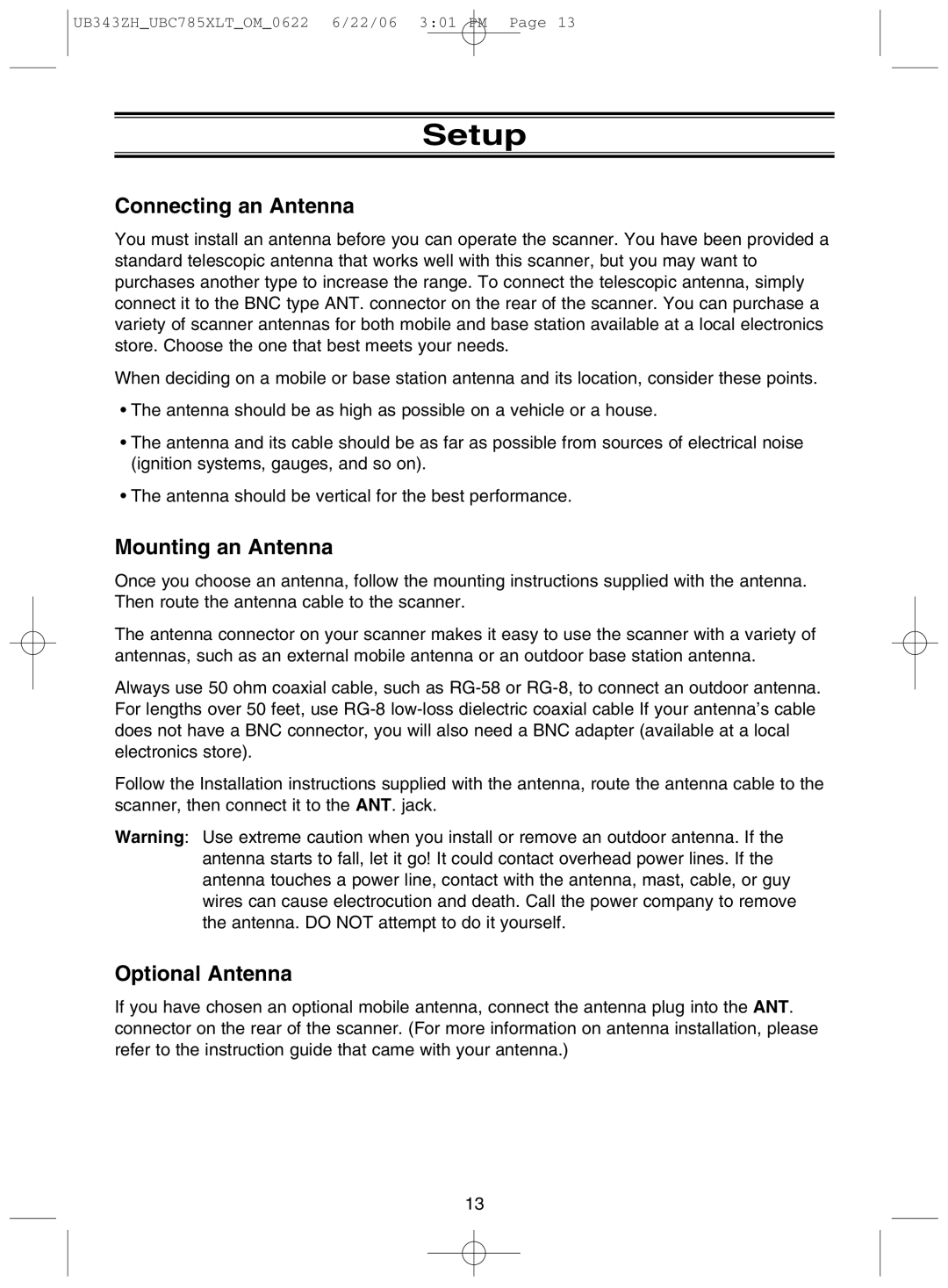 Uniden UBC785XLT manual Setup, Connecting an Antenna, Mounting an Antenna, Optional Antenna 