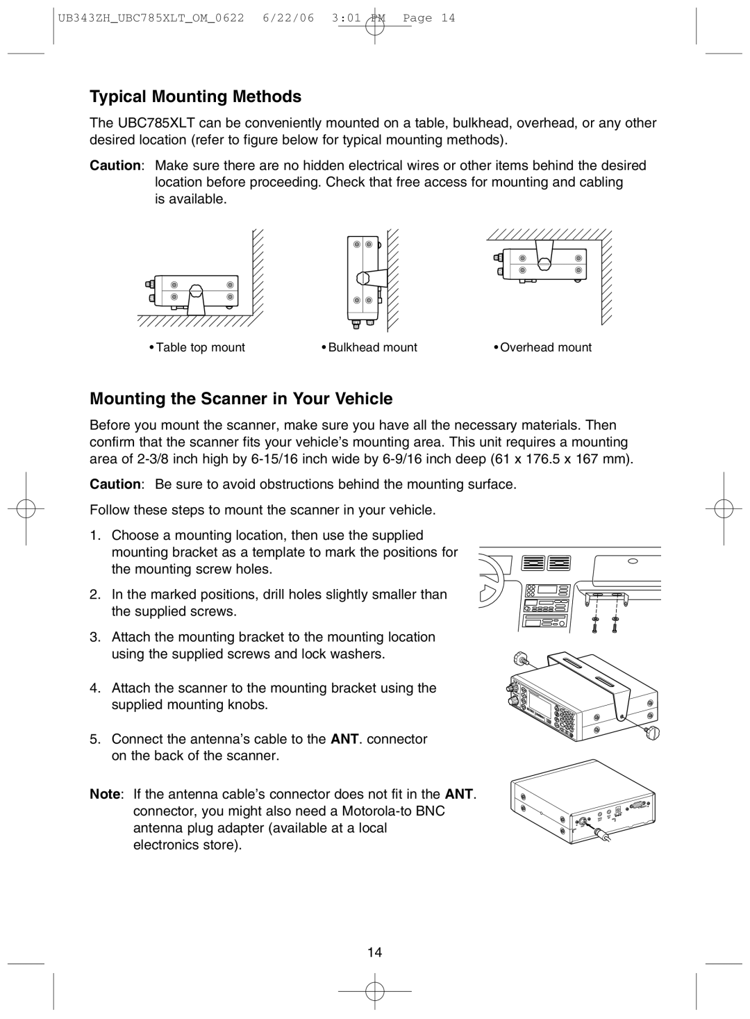 Uniden UBC785XLT manual Typical Mounting Methods, Mounting the Scanner in Your Vehicle 