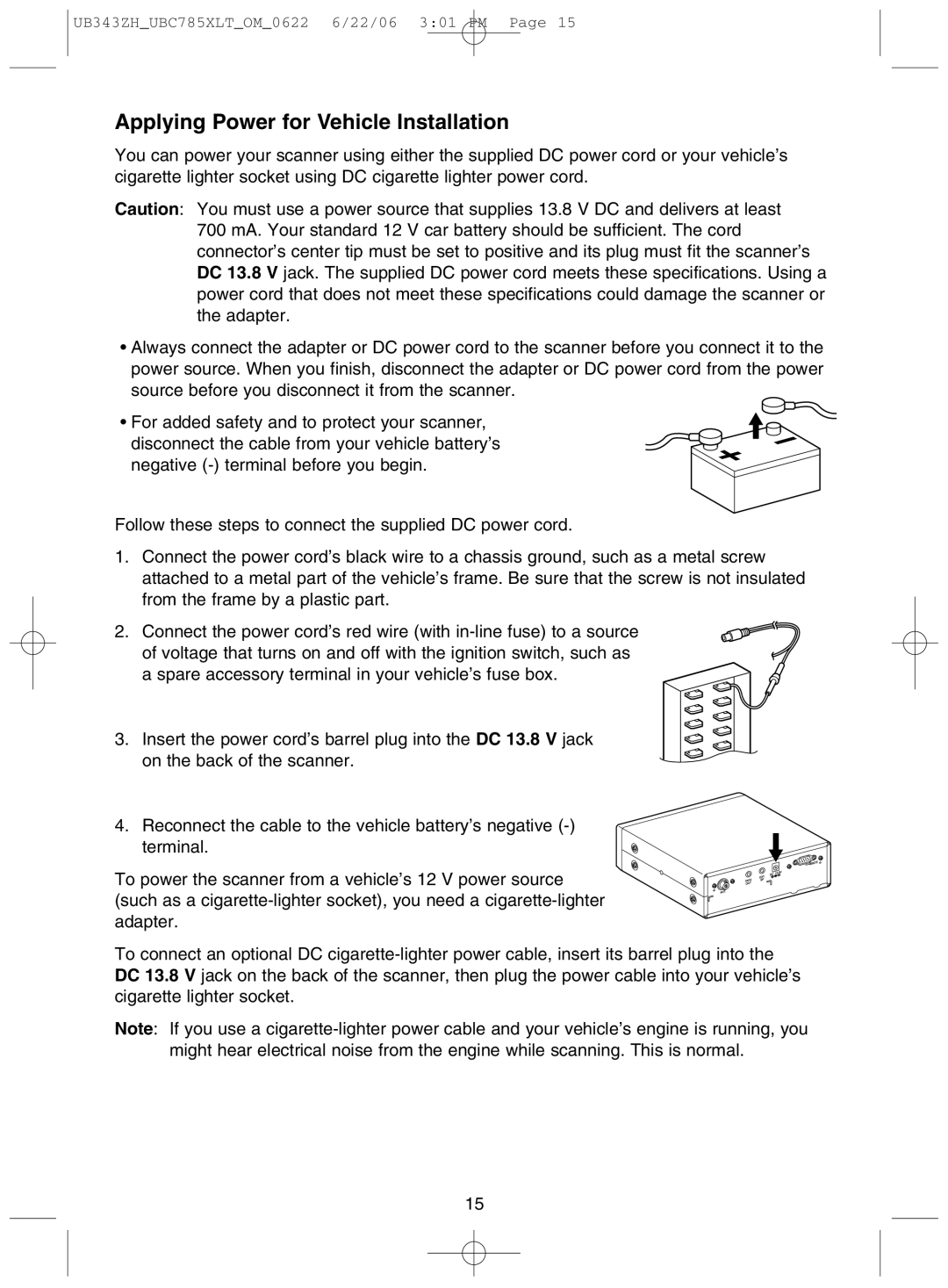 Uniden UBC785XLT manual Applying Power for Vehicle Installation 