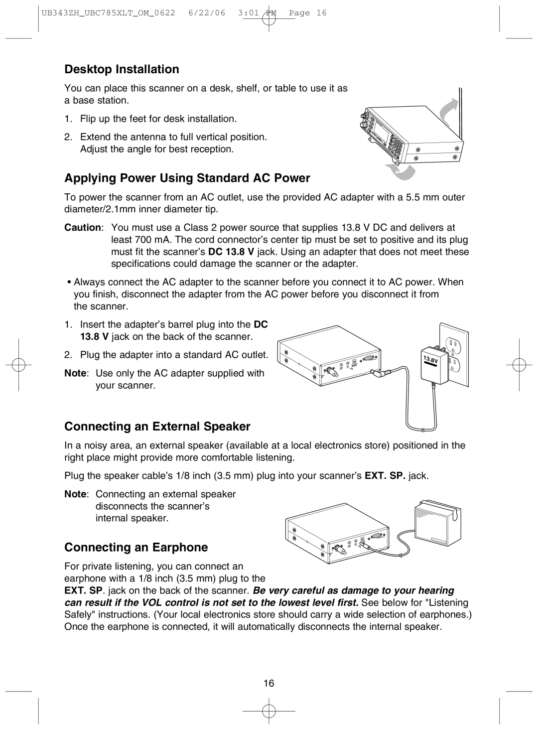 Uniden UBC785XLT manual Desktop Installation, Applying Power Using Standard AC Power, Connecting an External Speaker 