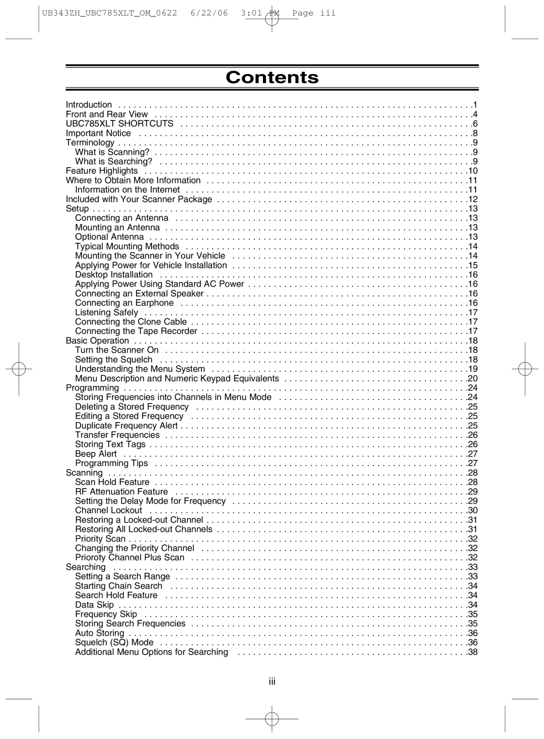 Uniden UBC785XLT manual Contents 