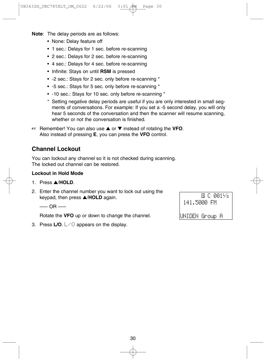 Uniden UBC785XLT manual 001 141.5000 FM Uniden Group a, Channel Lockout, Lockout in Hold Mode 