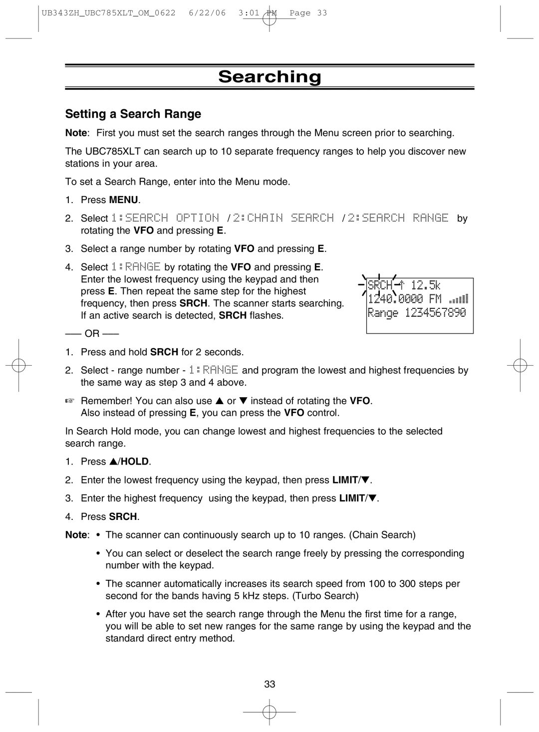 Uniden UBC785XLT manual Searching, Srch 12.5k, Setting a Search Range 