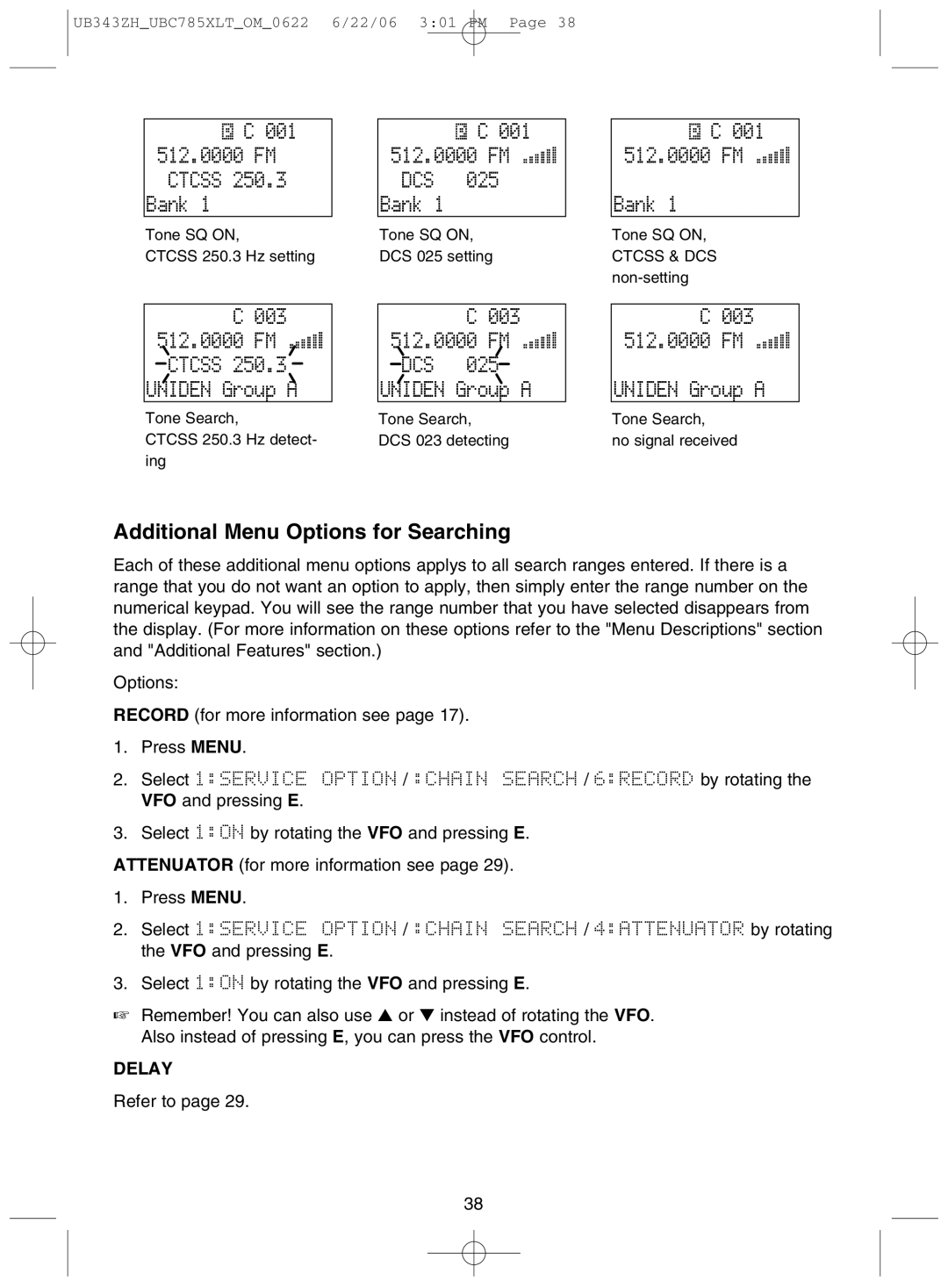 Uniden UBC785XLT 003, FM DCS Bank, FM DCS Uniden Group a, 001 512.0000 FM Bank, Additional Menu Options for Searching 