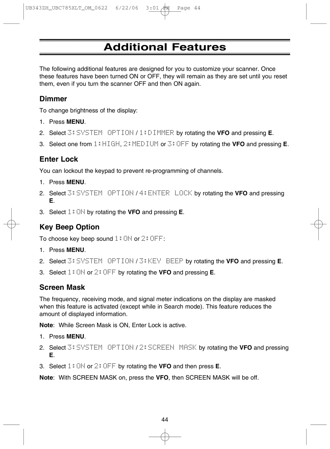 Uniden UBC785XLT manual Additional Features, Dimmer, Enter Lock, Key Beep Option, Screen Mask 
