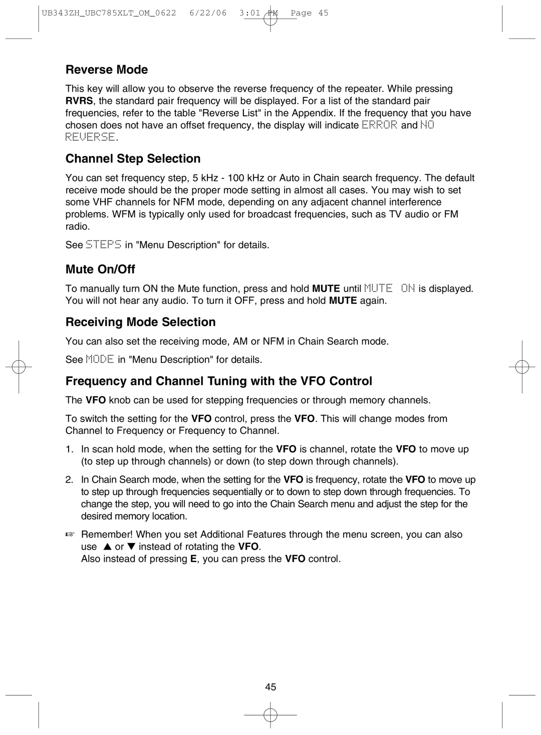 Uniden UBC785XLT manual Reverse Mode, Channel Step Selection, Mute On/Off, Receiving Mode Selection 