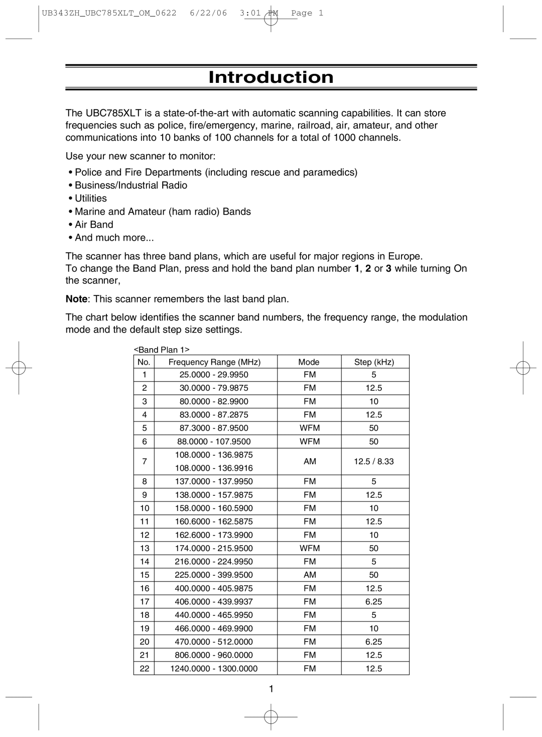 Uniden UBC785XLT manual Introduction 