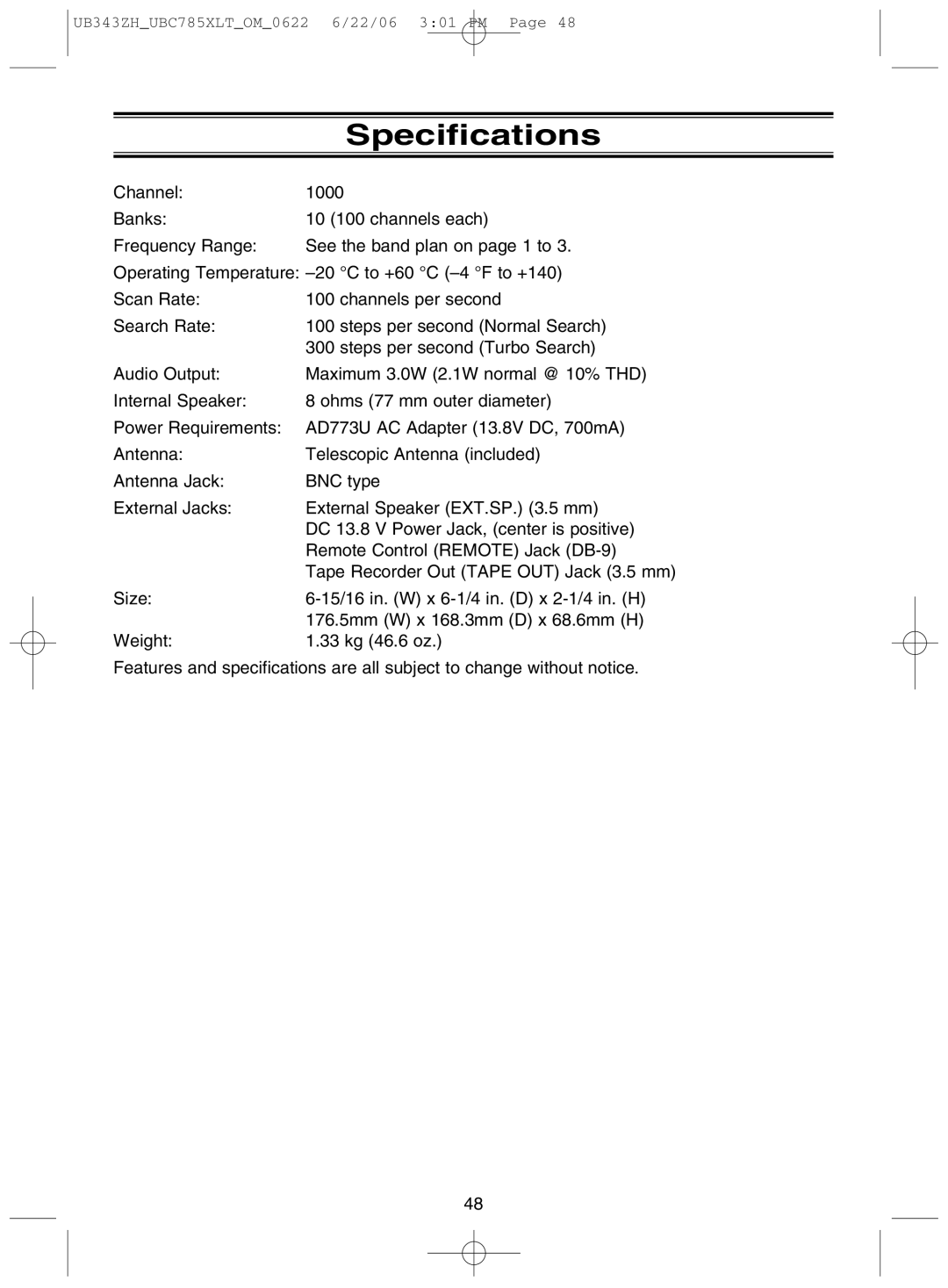 Uniden UBC785XLT manual Specifications 