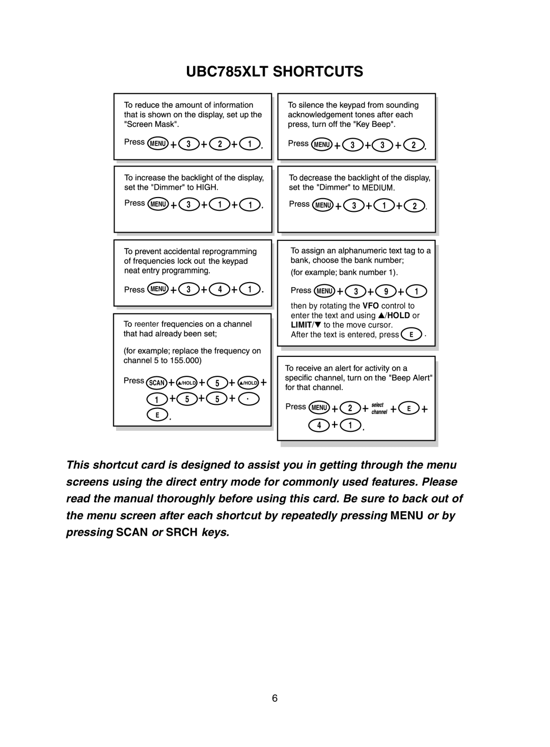 Uniden manual UBC785XLT Shortcuts 