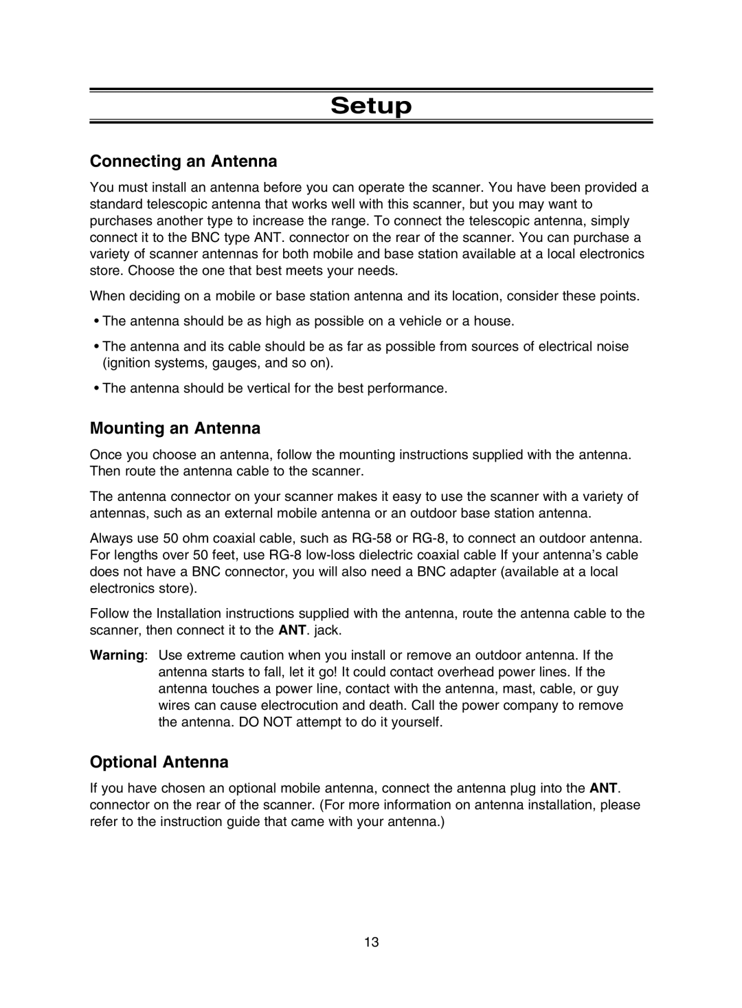 Uniden UBC785XLT manual Setup, Connecting an Antenna, Mounting an Antenna, Optional Antenna 