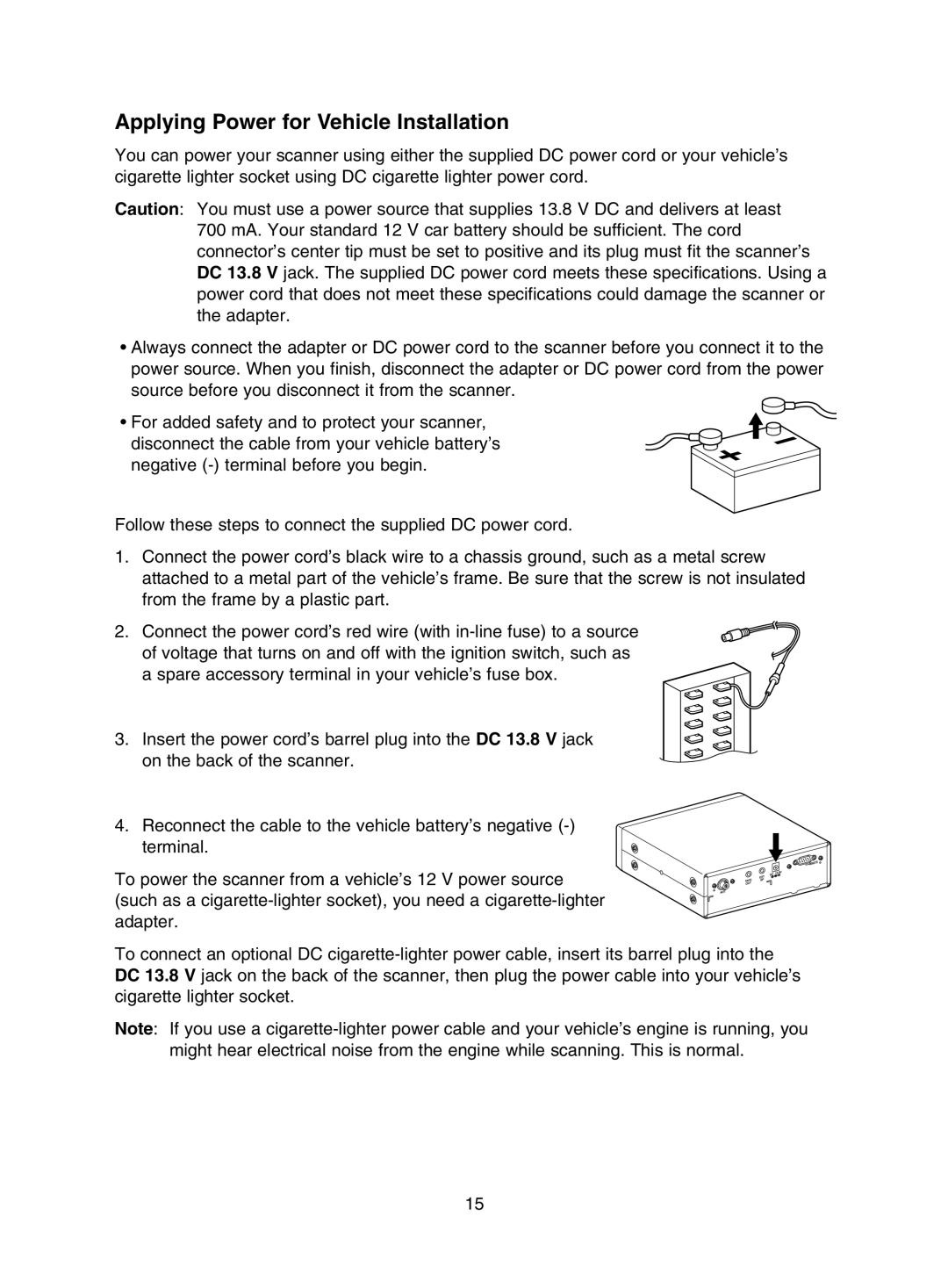 Uniden UBC785XLT manual Applying Power for Vehicle Installation 