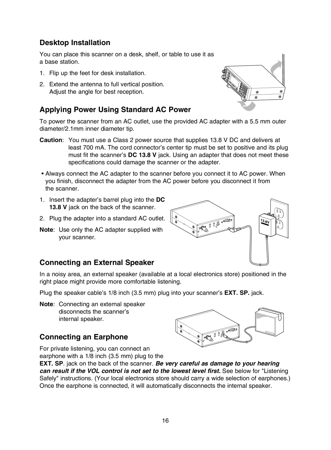 Uniden UBC785XLT manual Desktop Installation, Applying Power Using Standard AC Power, Connecting an External Speaker 