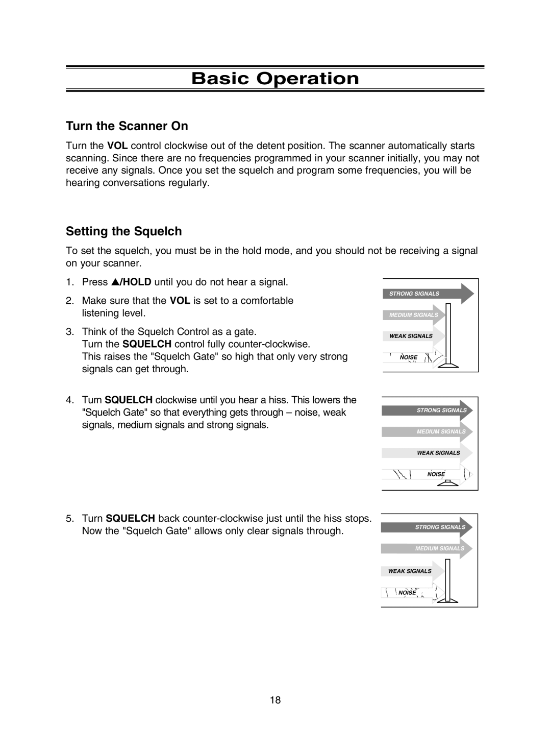 Uniden UBC785XLT manual Basic Operation, Turn the Scanner On, Setting the Squelch 