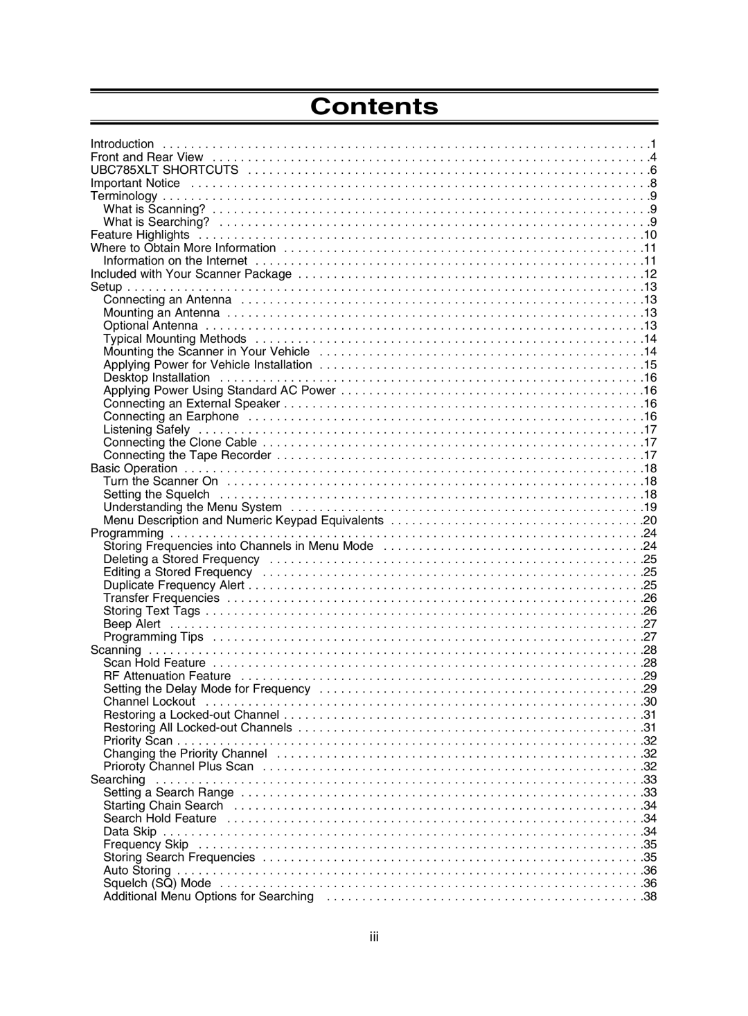 Uniden UBC785XLT manual Contents 