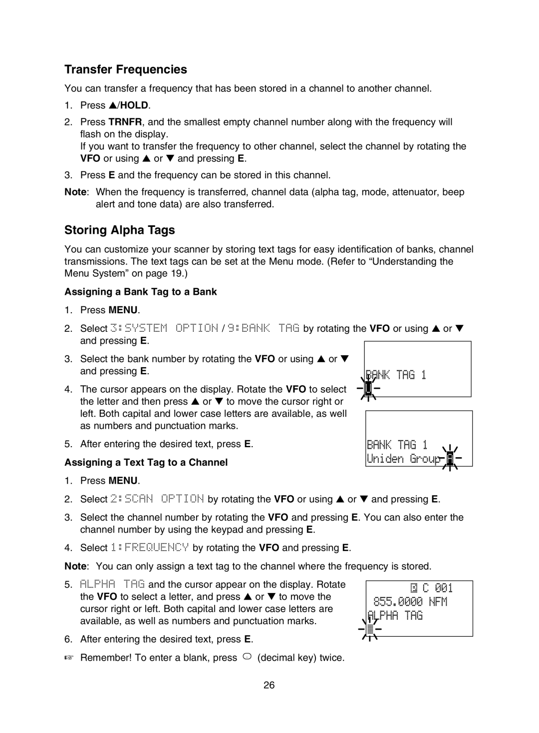 Uniden UBC785XLT manual 001 855.0000 NFM Alpha TAG, Transfer Frequencies, Storing Alpha Tags 