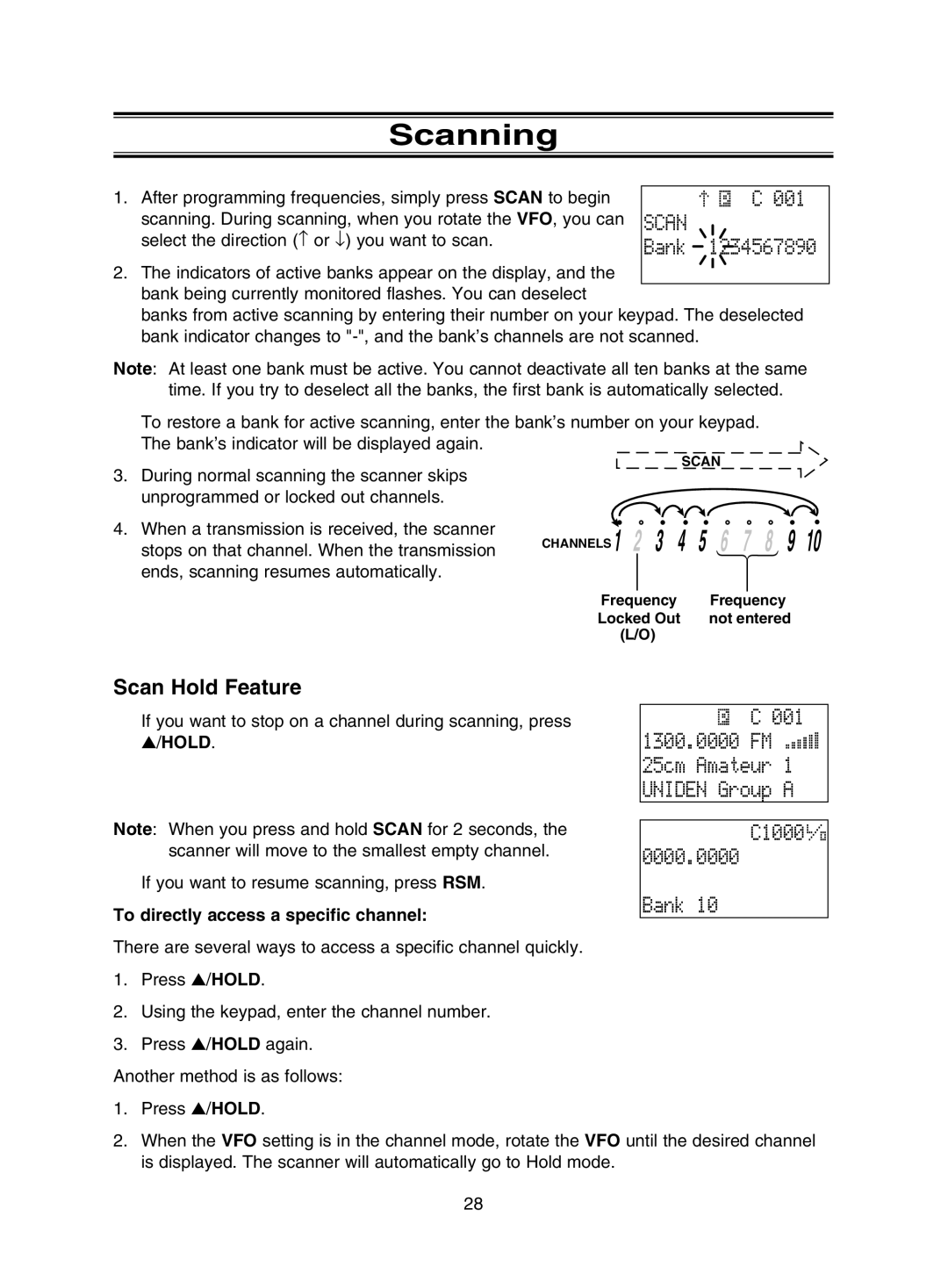 Uniden UBC785XLT manual Scanning, Bank, Scan Hold Feature, To directly access a specific channel 