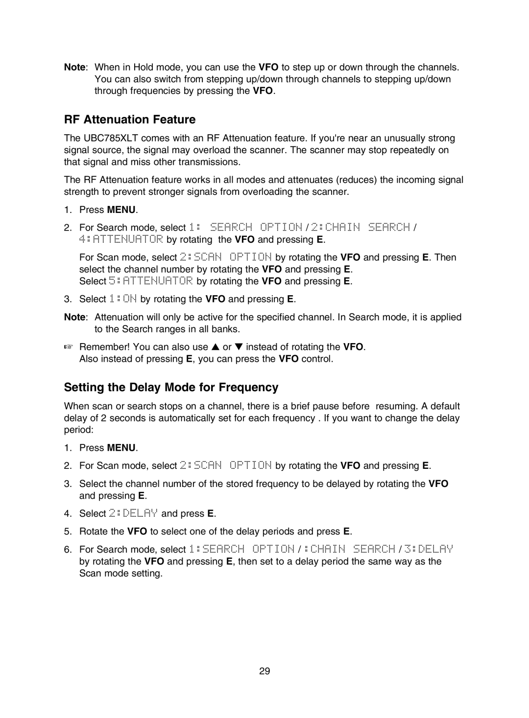 Uniden UBC785XLT manual RF Attenuation Feature, Setting the Delay Mode for Frequency 