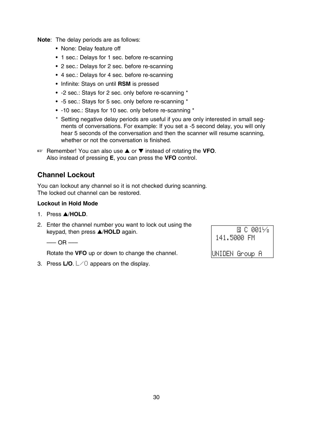 Uniden UBC785XLT manual 001 141.5000 FM Uniden Group a, Channel Lockout, Lockout in Hold Mode 
