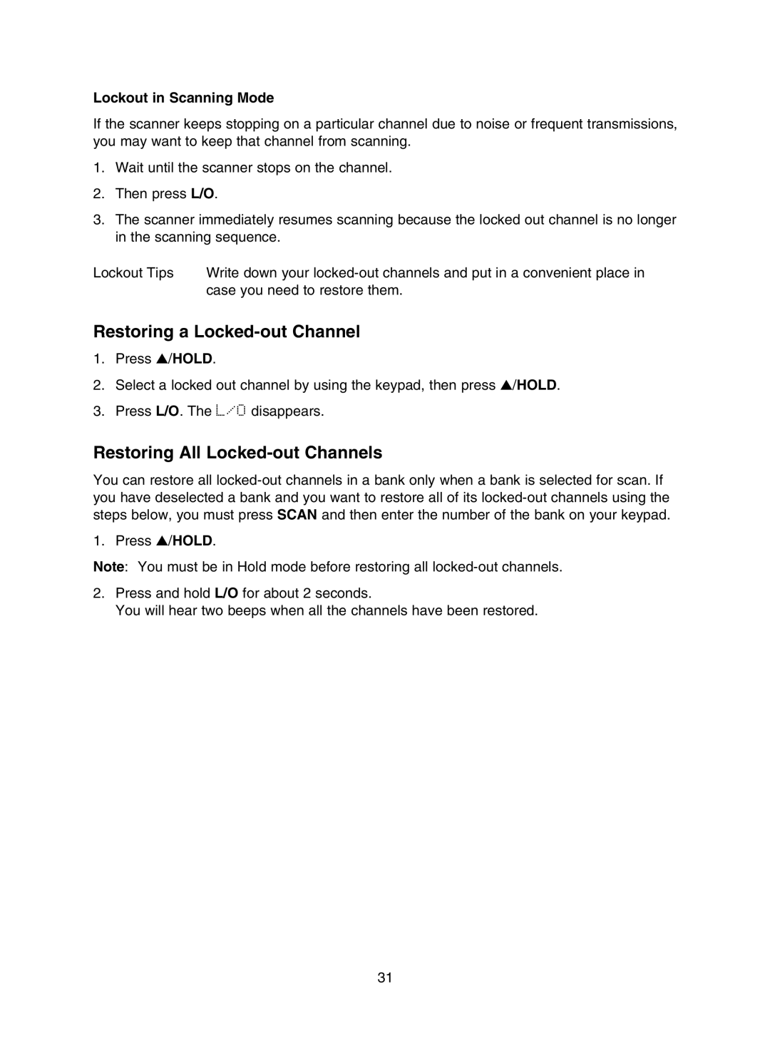 Uniden UBC785XLT manual Restoring a Locked-out Channel, Restoring All Locked-out Channels, Lockout in Scanning Mode 