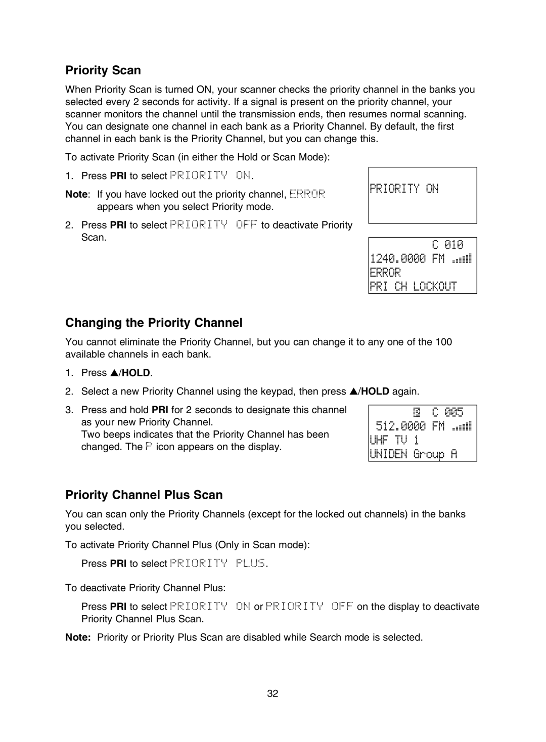 Uniden UBC785XLT manual 010 1240.0000 FM, 005 512.0000 FM, Priority Scan, Changing the Priority Channel 