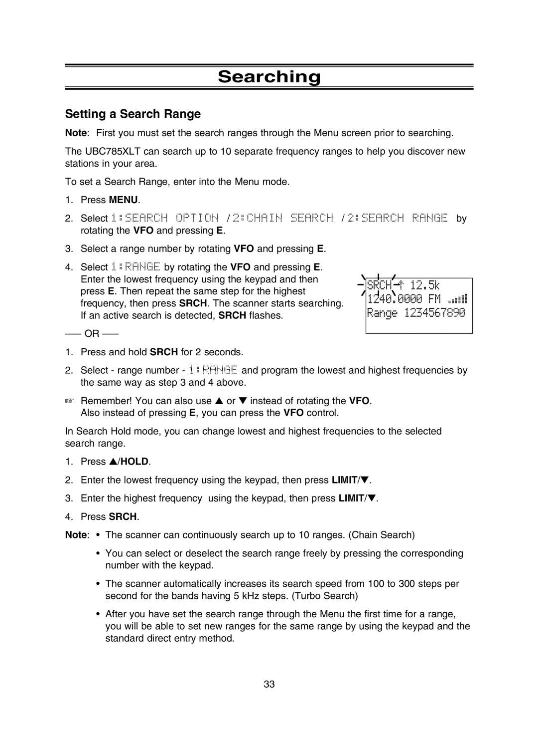 Uniden UBC785XLT manual Searching, Srch 12.5k, Setting a Search Range 