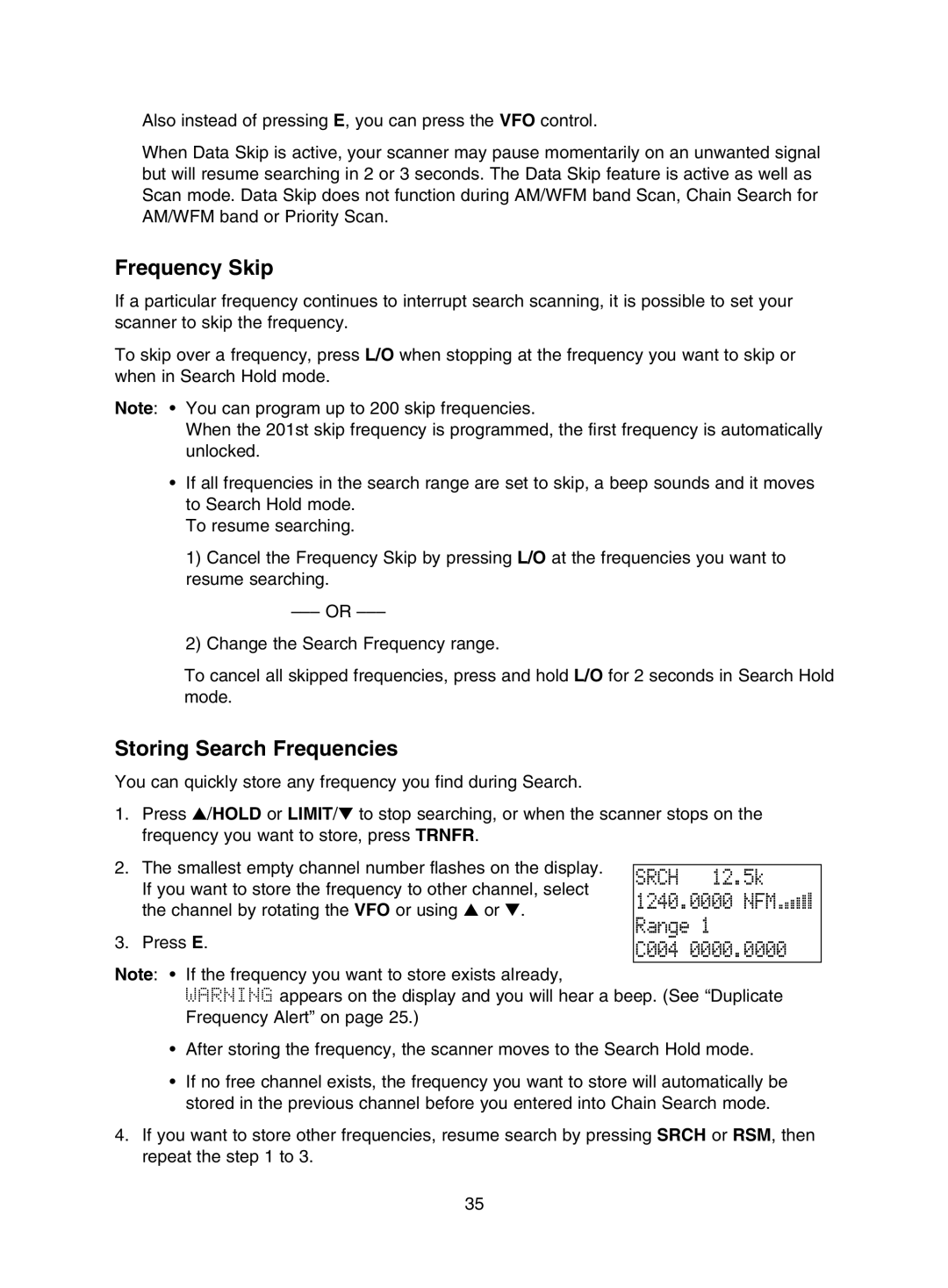 Uniden UBC785XLT manual Srch 12.5k 1240.0000 NFM Range C004, Frequency Skip, Storing Search Frequencies 