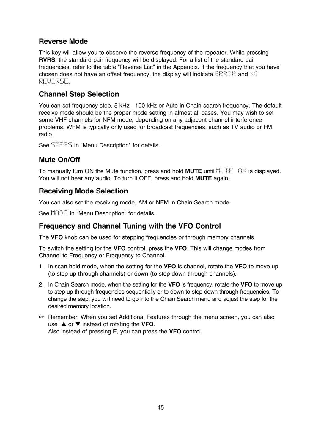 Uniden UBC785XLT manual Reverse Mode, Channel Step Selection, Mute On/Off, Receiving Mode Selection 