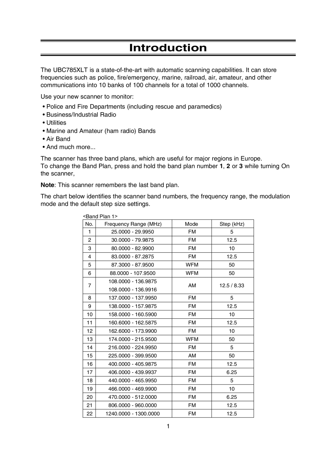 Uniden UBC785XLT manual Introduction 