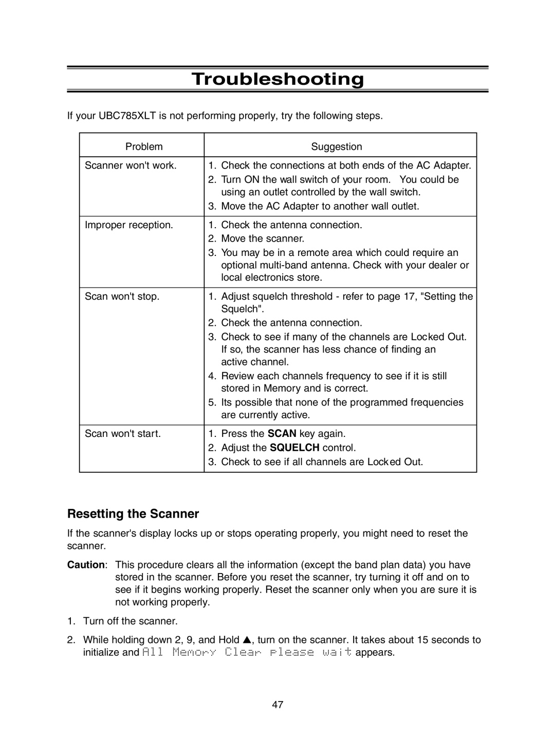 Uniden UBC785XLT manual Troubleshooting, Resetting the Scanner 