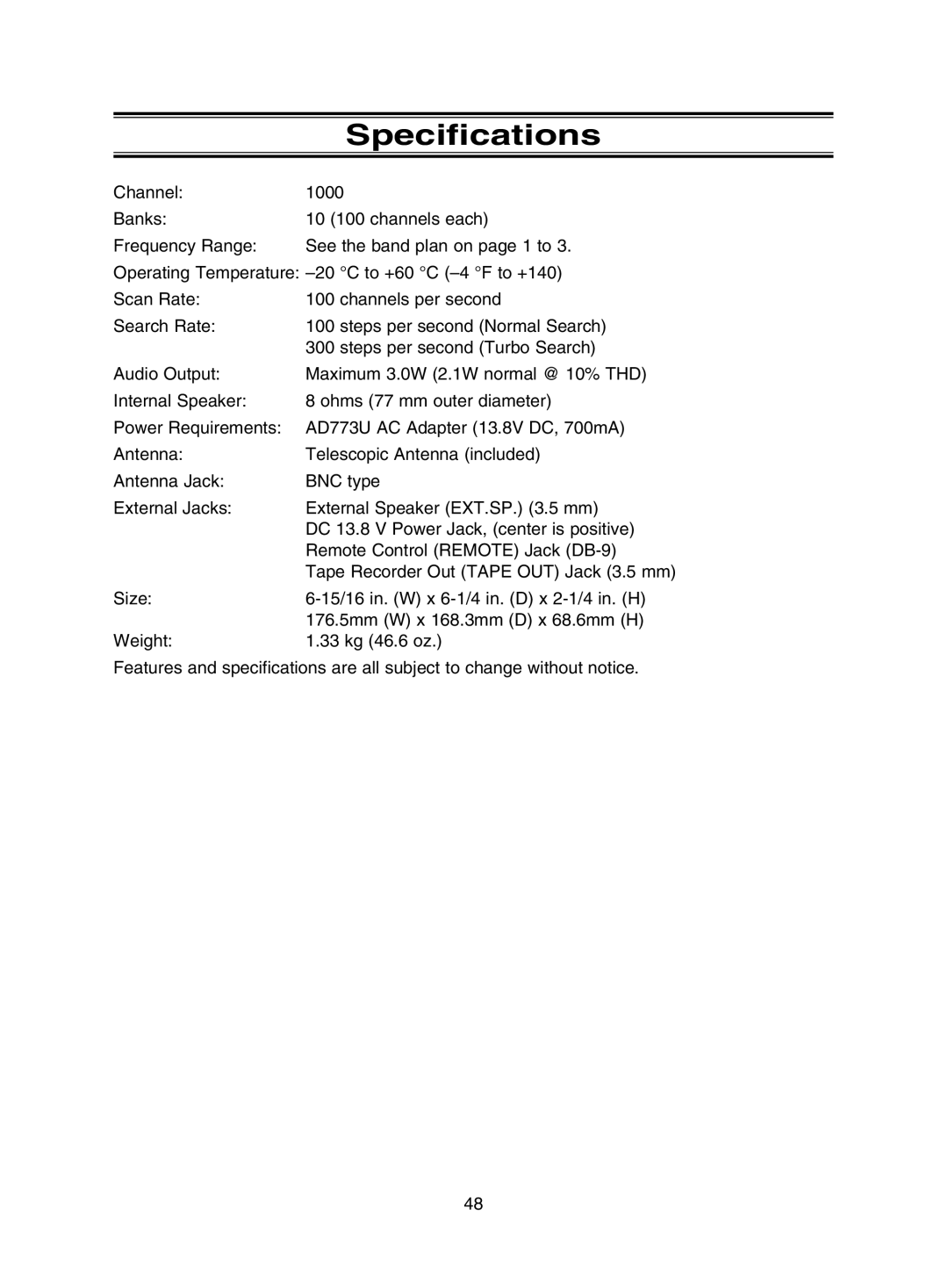 Uniden UBC785XLT manual Specifications 