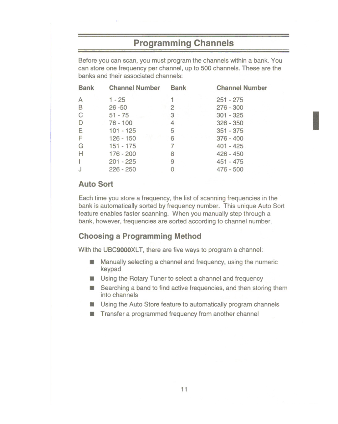 Uniden UBC9000XLT manual Programming Channels, Channel Number Bank 