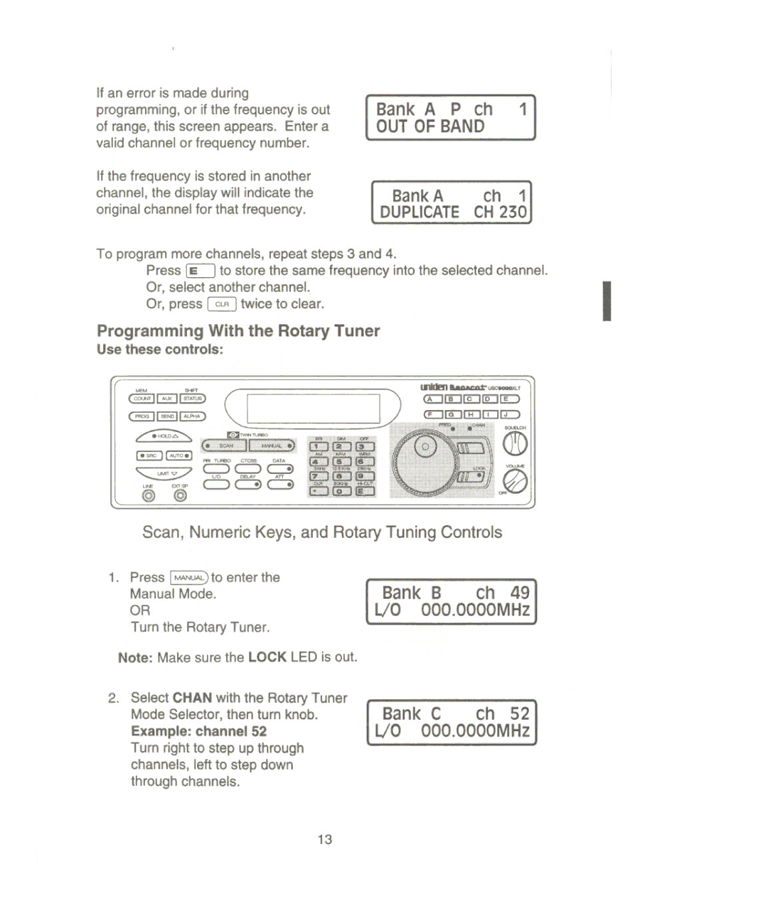 Uniden UBC9000XLT manual Bank a P ch, Bank B ch, Bank C ch 52 LlO OOO.OOOOMHz 
