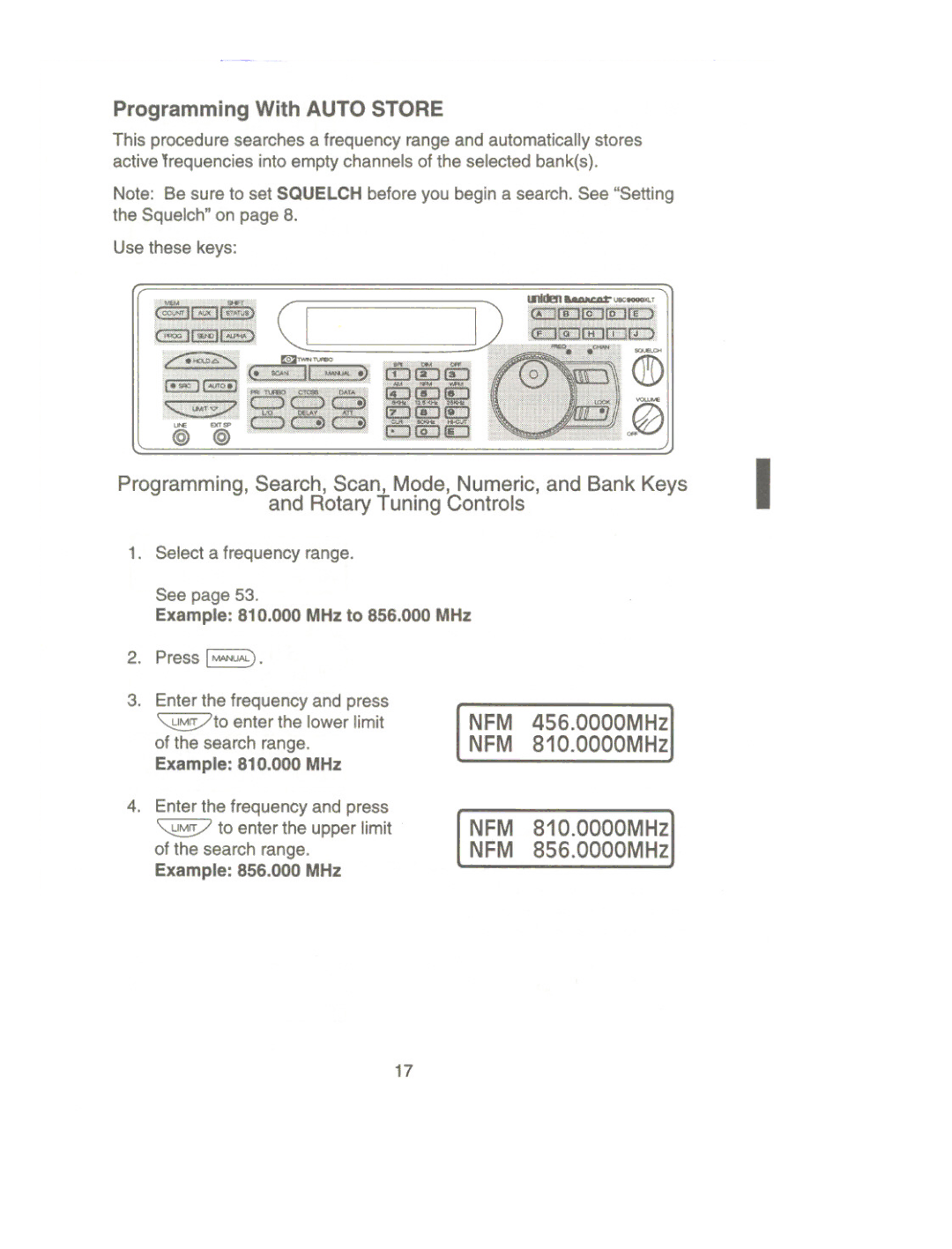 Uniden UBC9000XLT manual Programming With Auto Store, NFM 456.0000MHz NFM 810.0000MHz, NFM 810.0000MHz NFM 856.0000MHz 