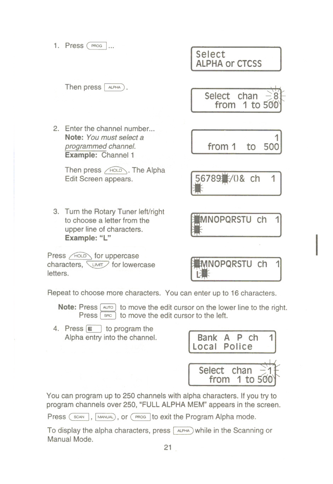 Uniden UBC9000XLT manual RNOPQRSTU ch ~NOPQRSTU ch, Bank, Local Police, Select chan from 1 to 