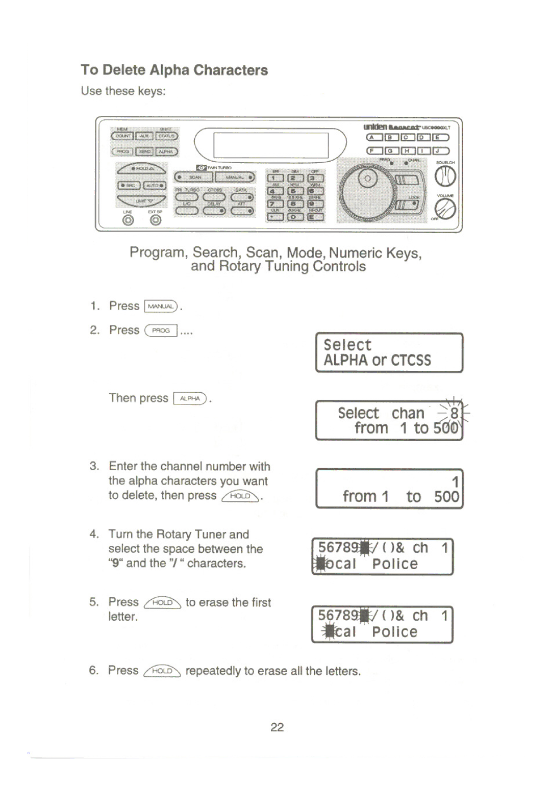 Uniden UBC9000XLT manual From 1 to soJI, ALPHAor Ctcss, Select chan ~8t from 1 to 01 