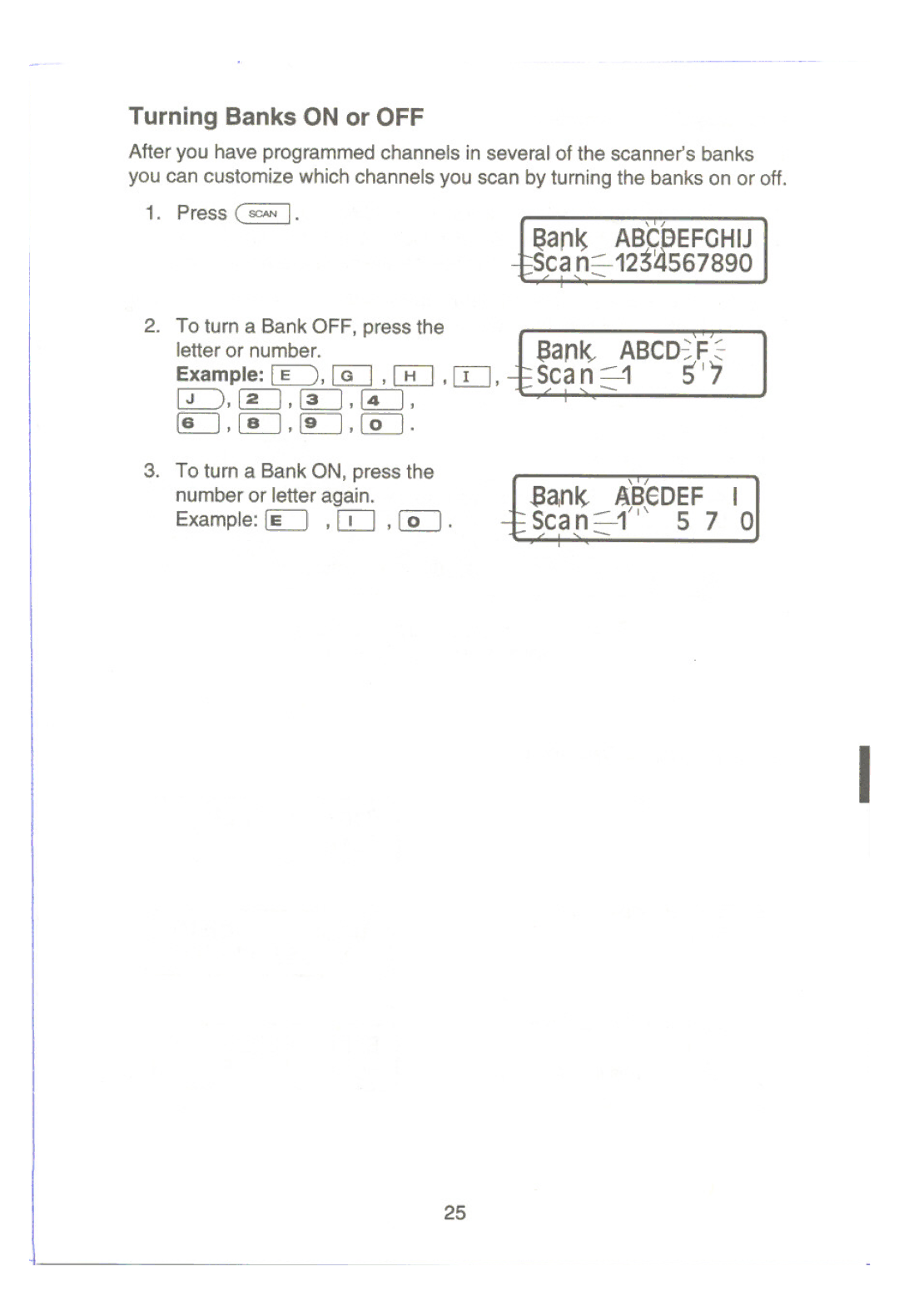 Uniden UBC9000XLT manual Ean~, ~. ~ ~G~,~ I,!Kj. It, Turning Banks on or OFF, ABCeEFGHIJ 