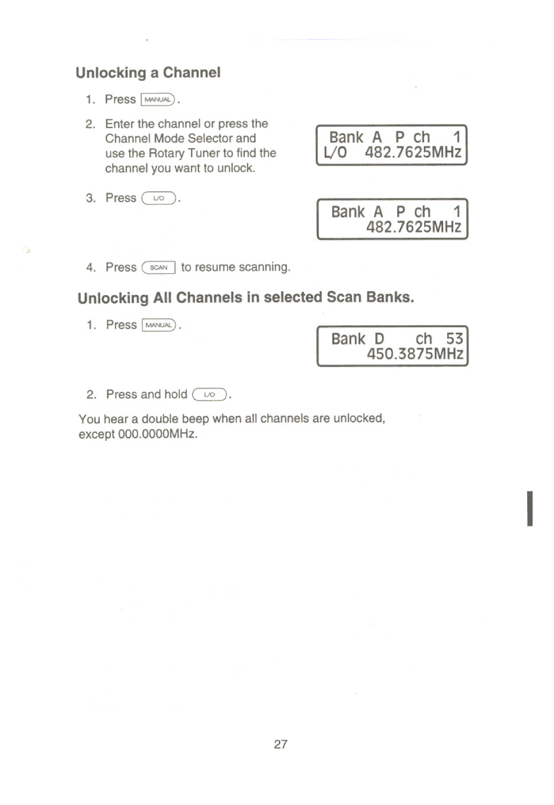 Uniden UBC9000XLT manual Bank a P ch, Unlocking a Channel 